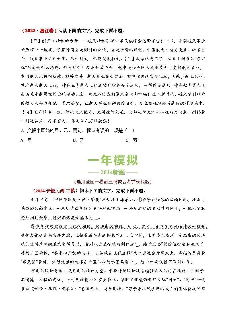 三年（2022-2024）高考语文真题分类汇编（全国通用）专题07 标点使用（原卷版）第3页