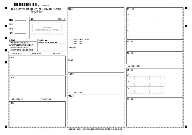 四川省成都市石室中学2024-2025学年高三上学期入学定时练习语文试题（PDF版附解析）01