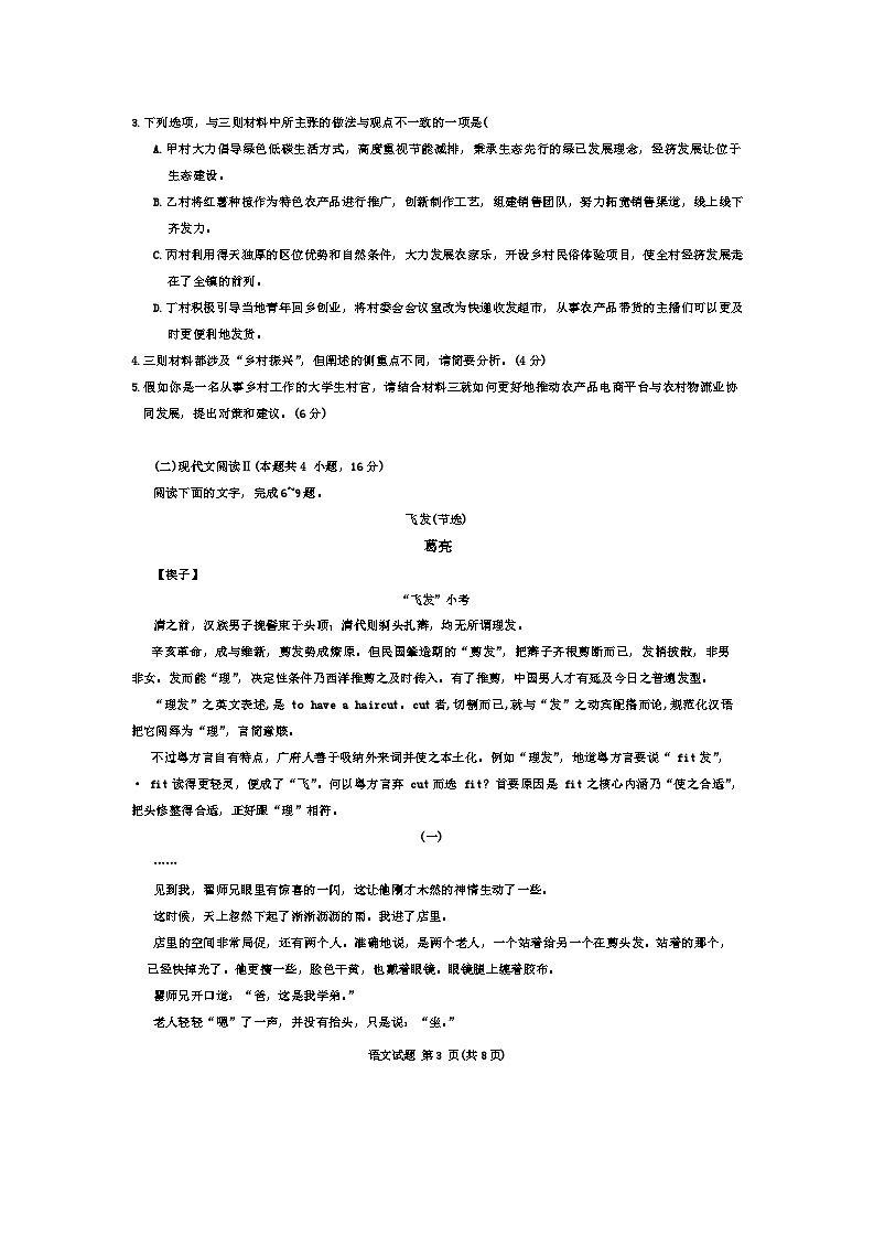 2025届安徽省六校联盟高三第一次联考（一模）语文试题第3页