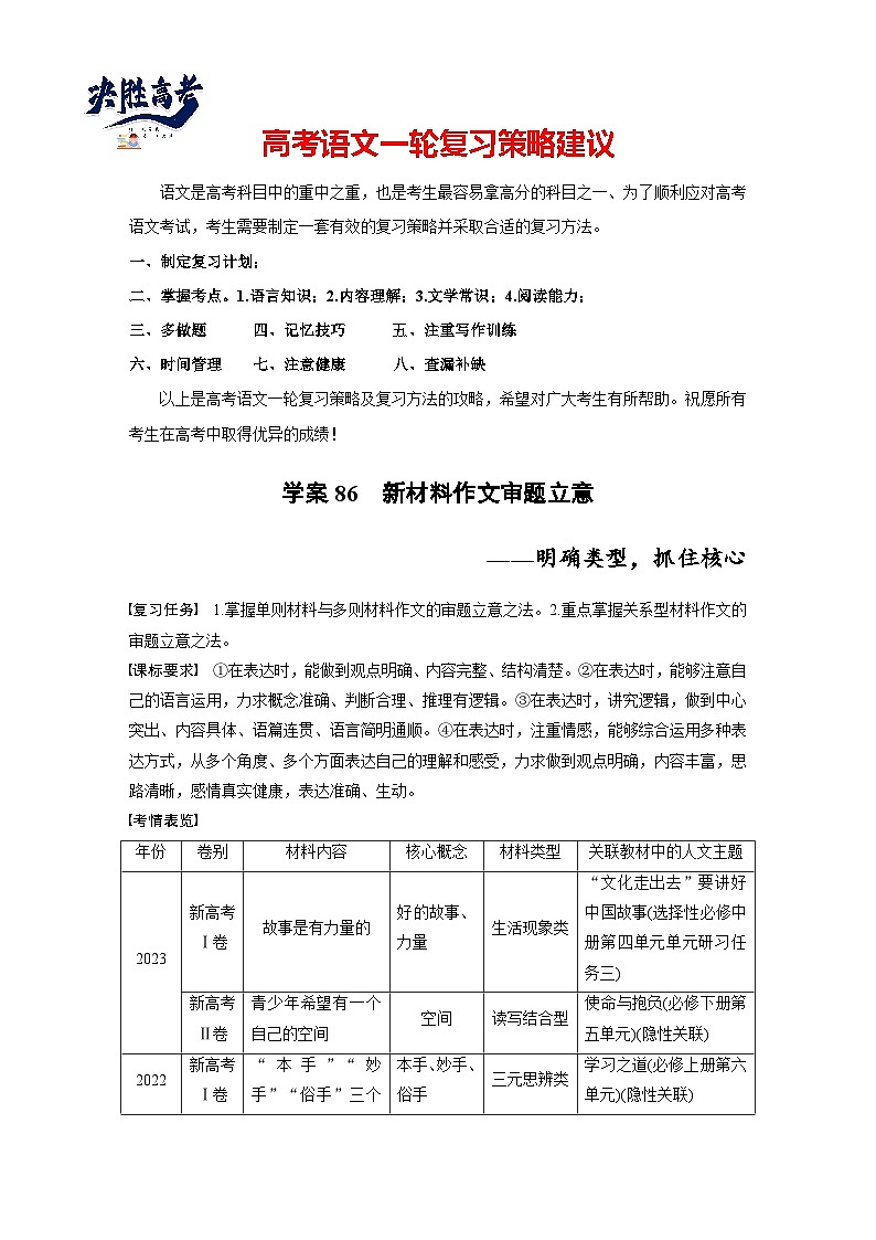 板块十　学案86　新材料作文审题立意——明确类型，抓住核心（教师版）第1页