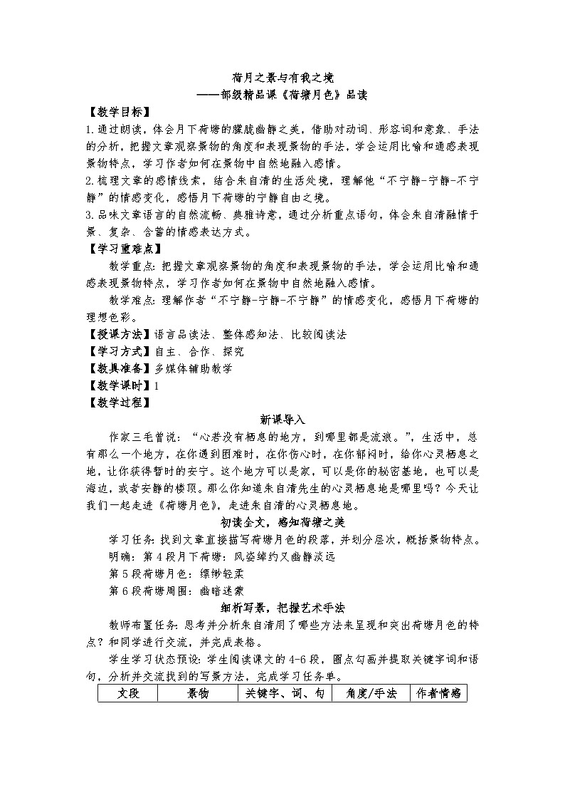 统编版 高中语文 必修上册 第七单元 14.2荷月之景与有我之境——部级精品课《荷塘月色》品读课件+教案01