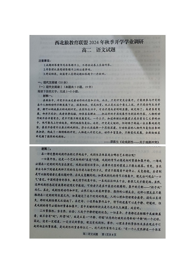 重庆市西北狼联盟2024-2025学年高二上学期入学联考语文试题01