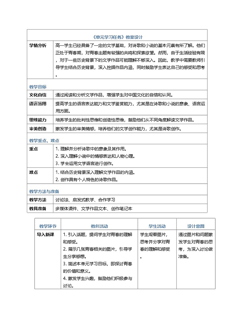 第一单元单元学习任务教案设计（表格式）----2024-2025学年统编版高一语文必修上册01