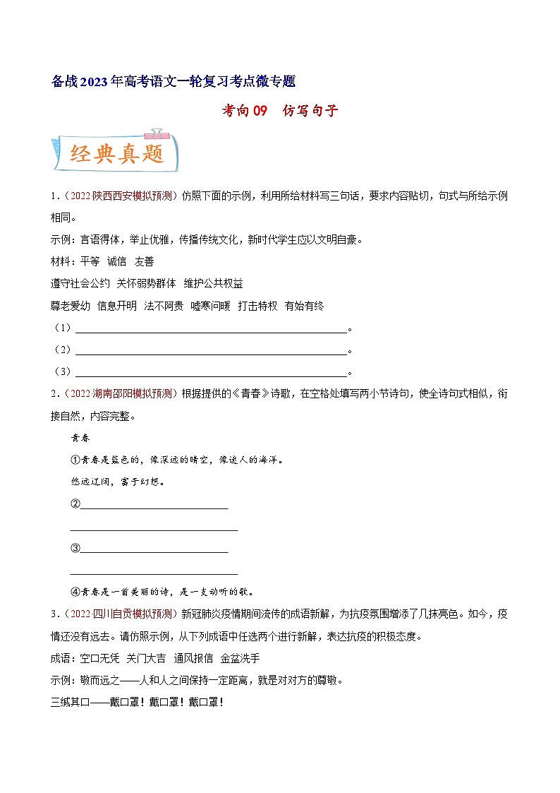 高考语文一轮复习考点(新高考地区专用)考向09仿写句子(原卷版+解析)第1页