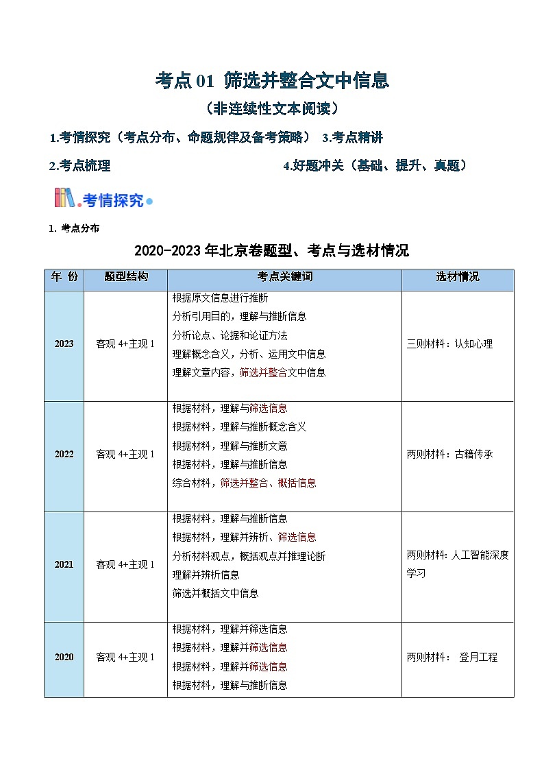考点01 筛选并整合文中信息（非连续性文本阅读）-备战2025年高考语文一轮复习考点帮（北京专用）（学生版）第1页