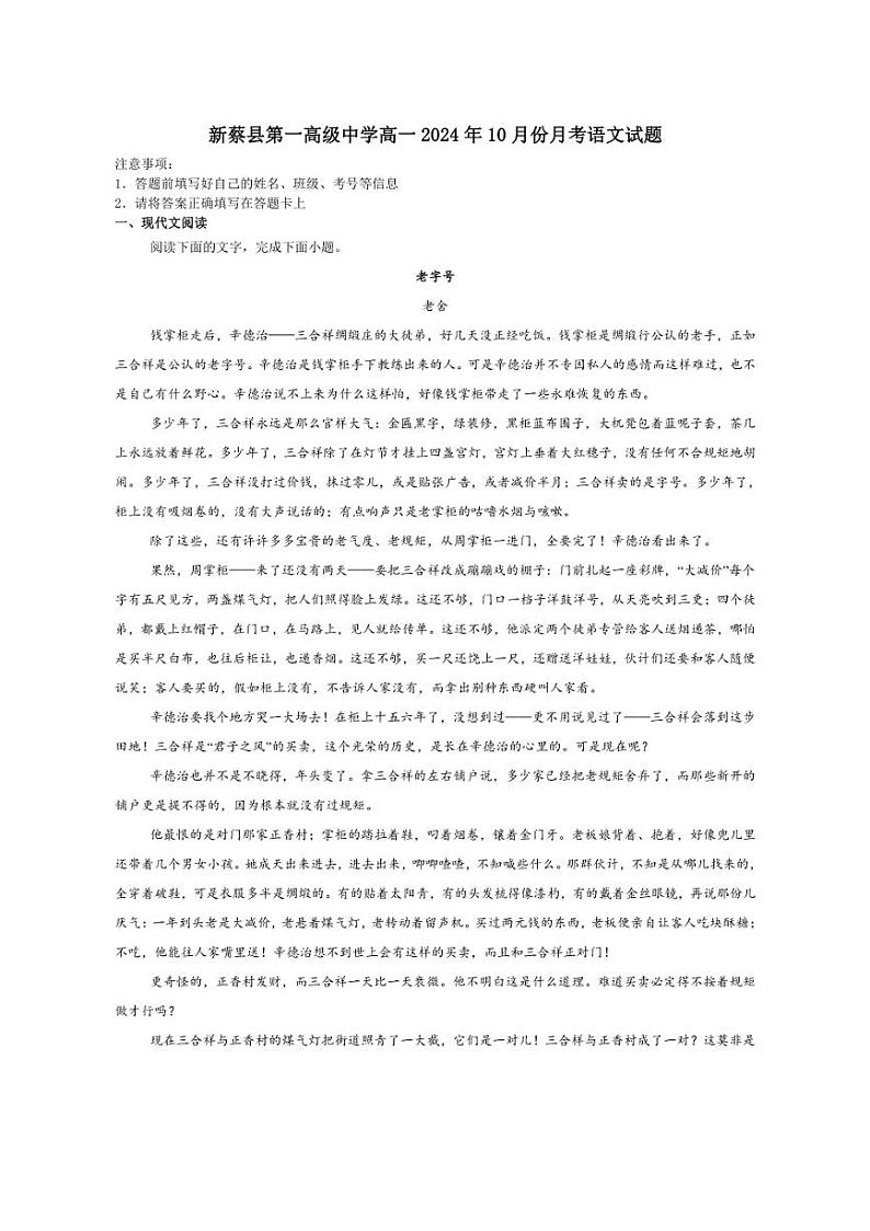 [语文]河南省驻马店市新蔡县第一高级中学2024～2025学年高一上学期10月月考试题(有答案)第1页