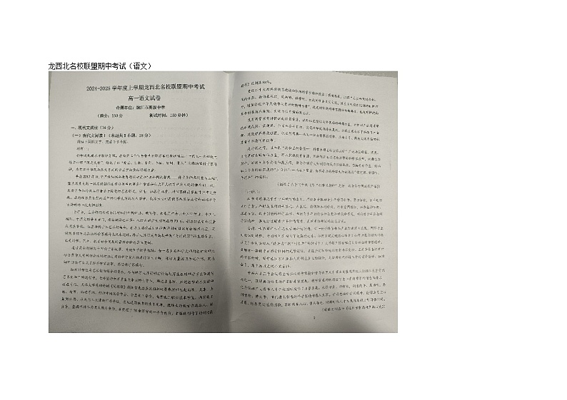 黑龙江省龙西北名校联盟2024-2025学年高一上学期10月期中考试语文试题01