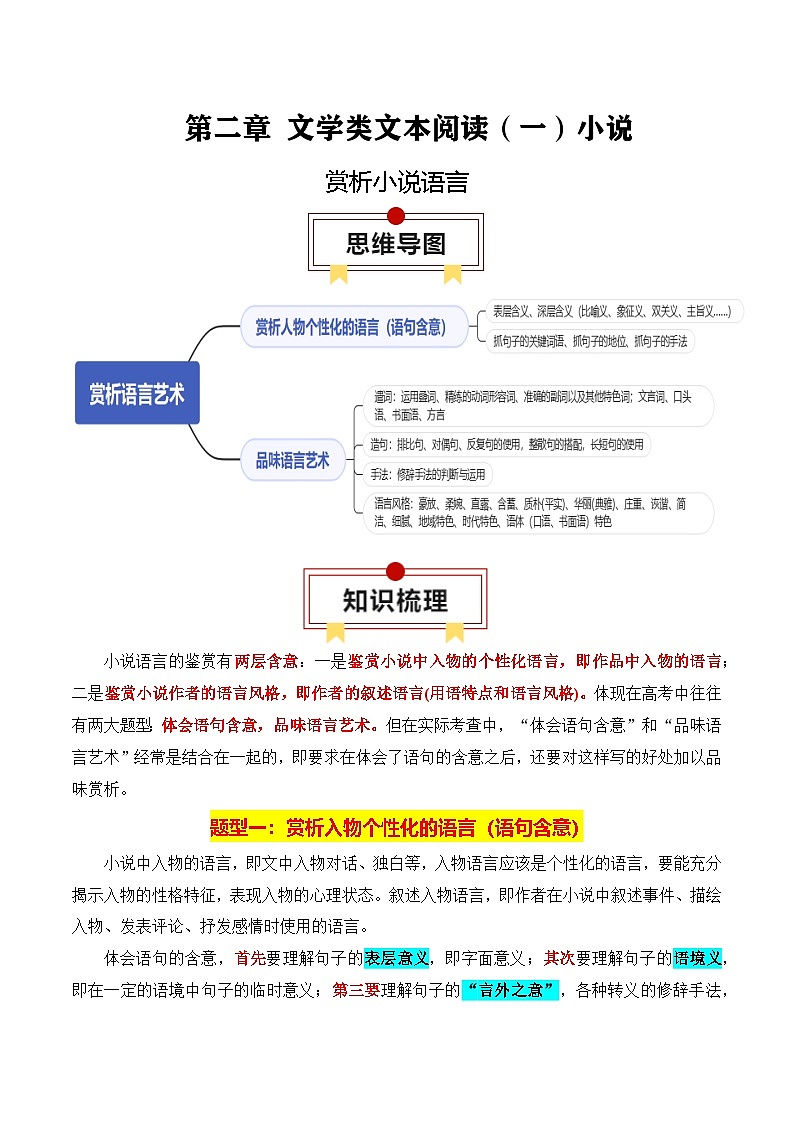 2025年高考语文复习知识清单第2章文学类文本阅读(一)小说专题04：赏析小说语言(学生版+解析)第1页