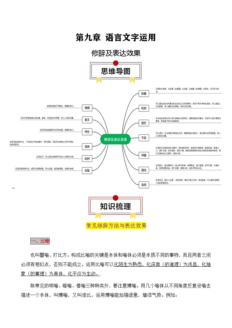 2025年高考语文复习知识清单第九章语言文字运用专题05：修辞及表达效果(学生版+解析)-2025年高考语文知识清单01