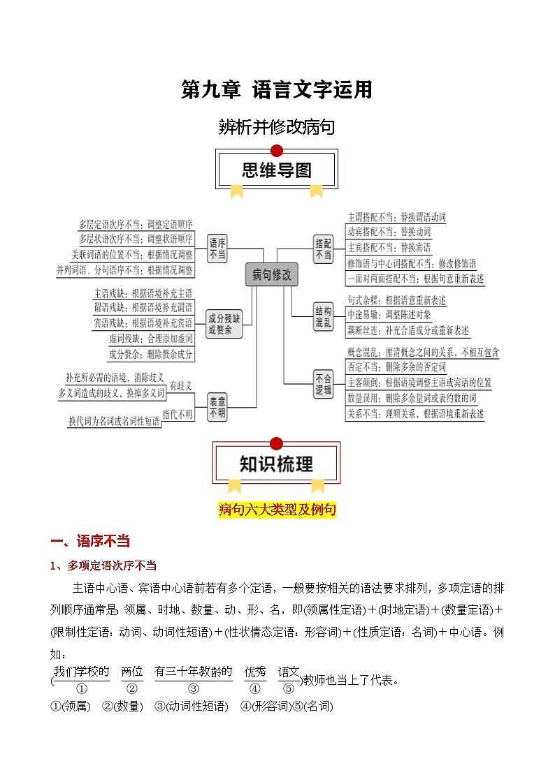 2025年高考语文复习知识清单第九章语言文字运用专题04：辨析并修改病句(学生版+解析)-2025年高考语文知识清单01