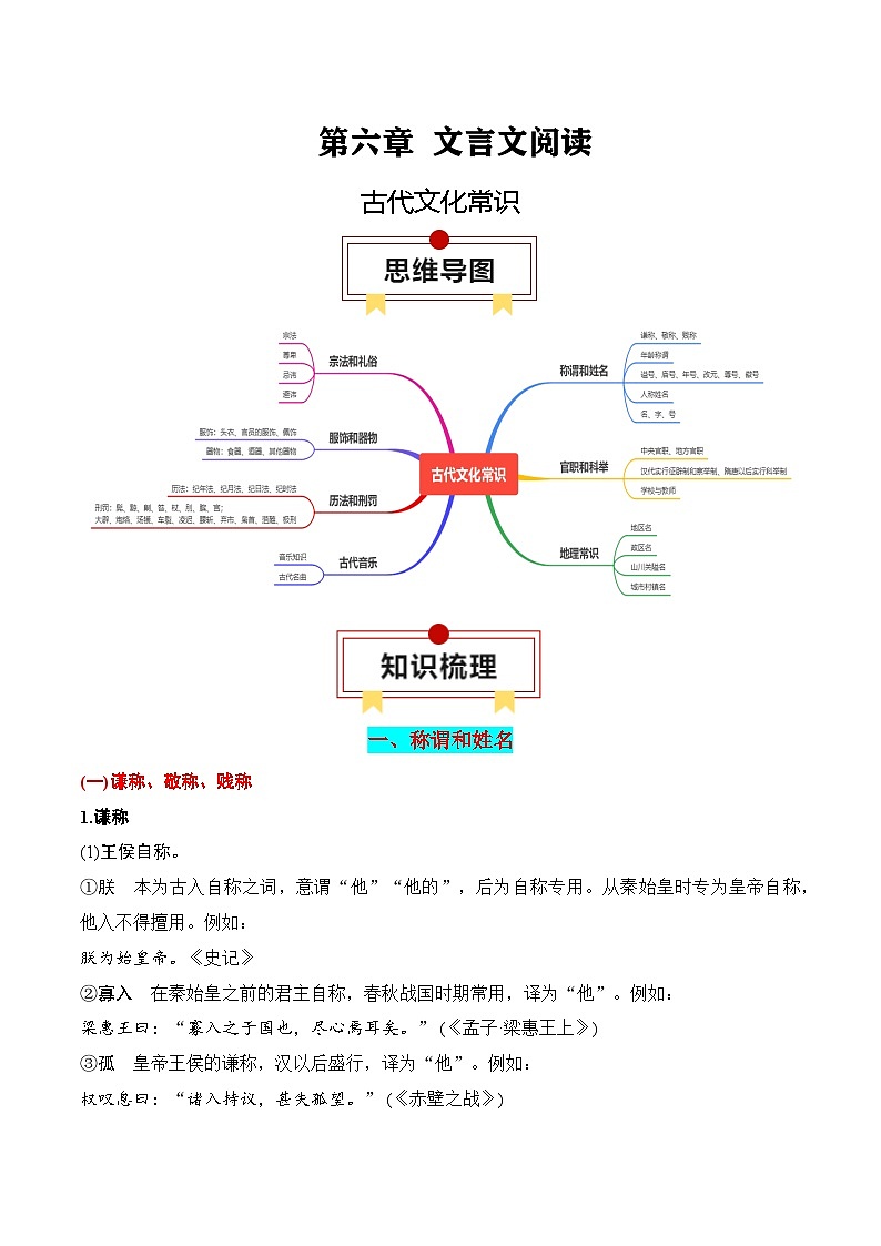 2025年高考语文复习知识清单第六章文言文阅读专题一0：古代文化常识(学生版+解析)01