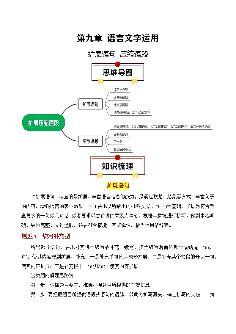 2025年高考语文复习知识清单第九章语言文字运用专题一1：扩展语句压缩语段(学生版+解析)-2025年高考语文知识清单第1页