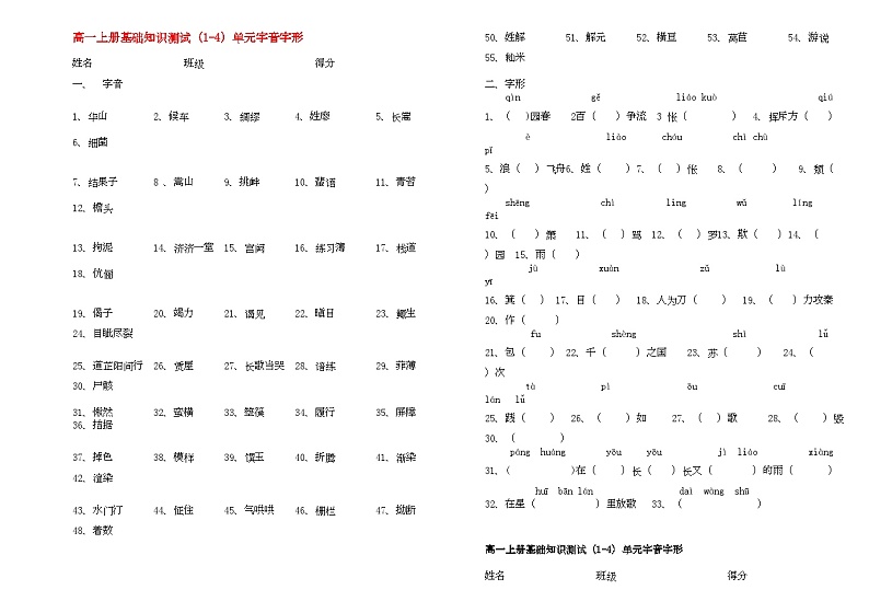 2022年高中语文上册14单元字音字形基础知识测试新人教版必修1高一第1页