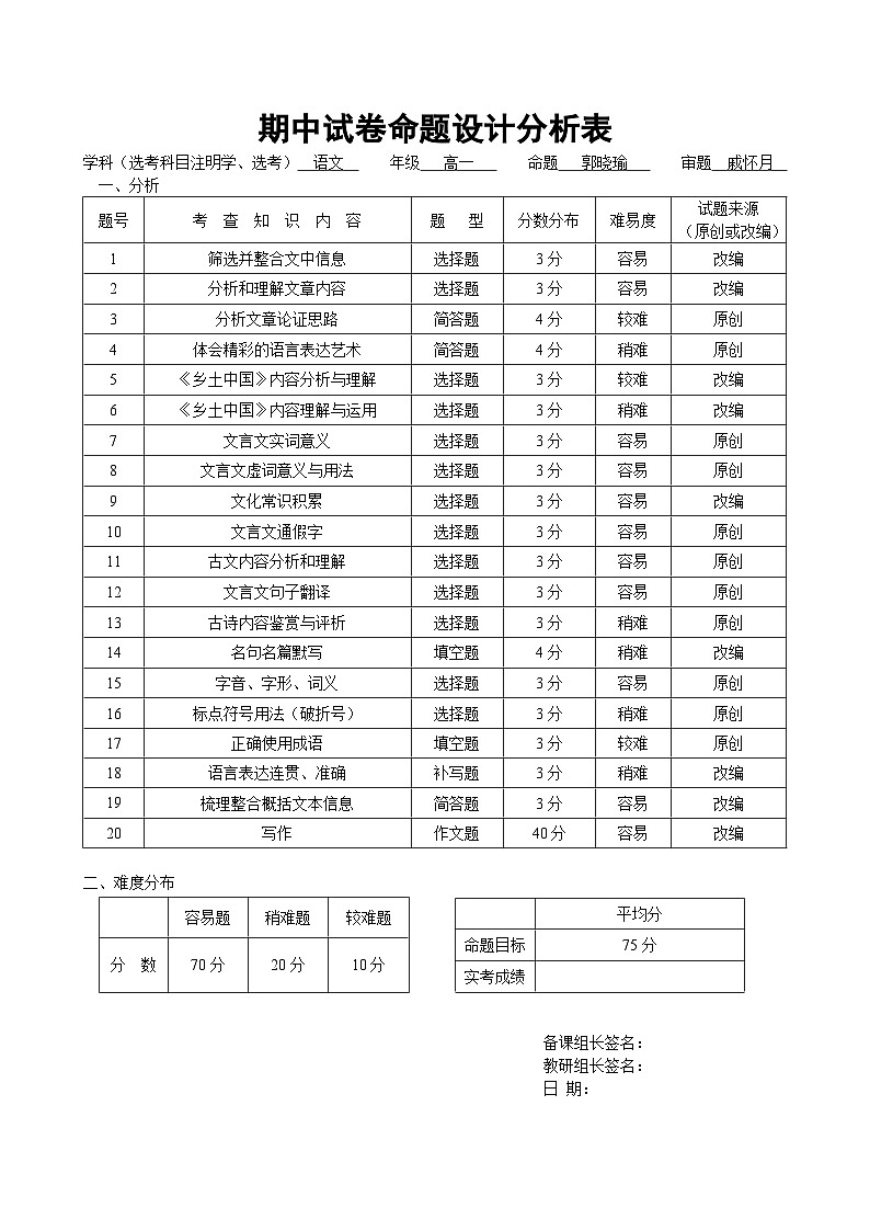 浙江省绍兴市诸暨市2024-2025学年高一上学期11月期中考试语文命题设计分析表第1页