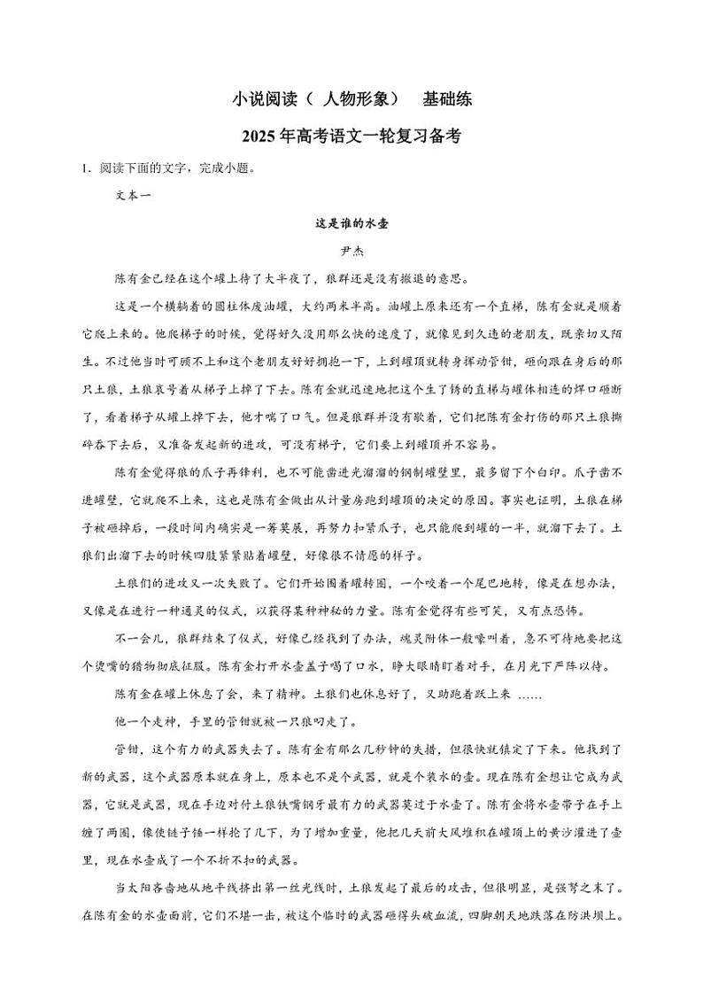 2025年语文高考一轮复习基础练 小说：人物形象第1页
