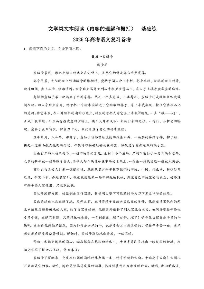 2025年语文高考一轮复习基础练 文学类文本：内容的理解和概括第1页