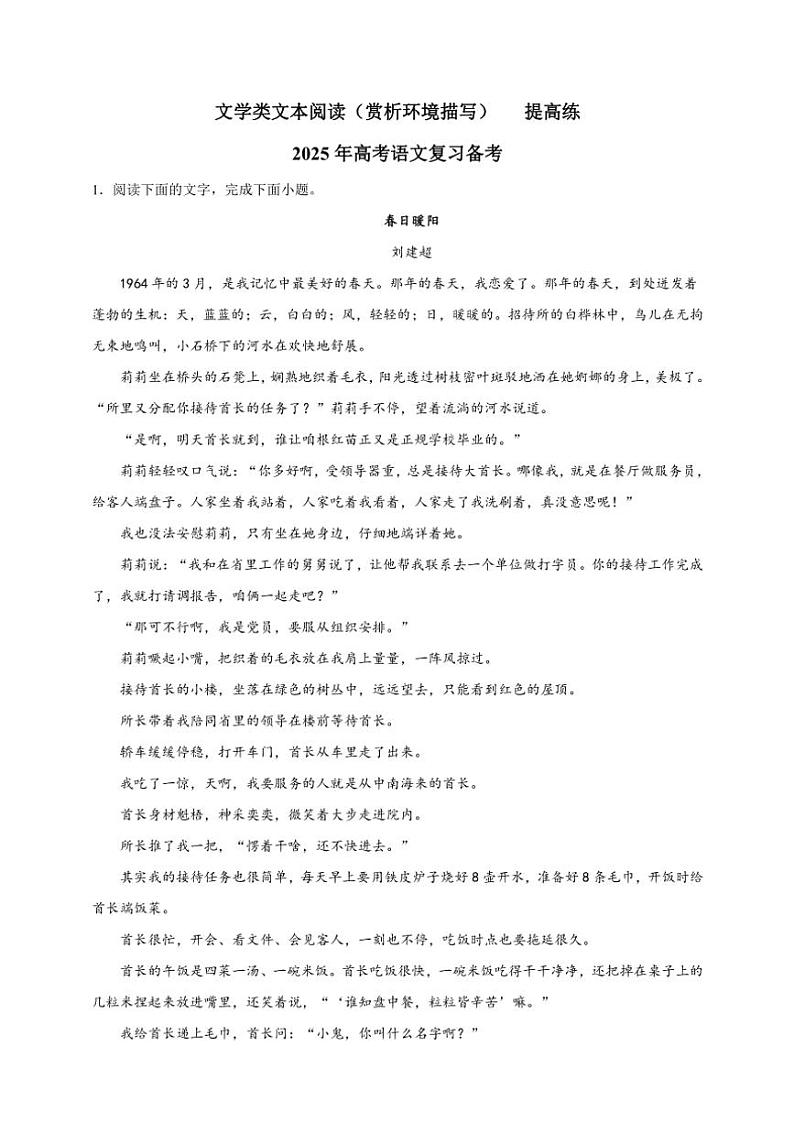 2025年语文高考一轮复习提高练 文学类文本：赏析环境描写第1页