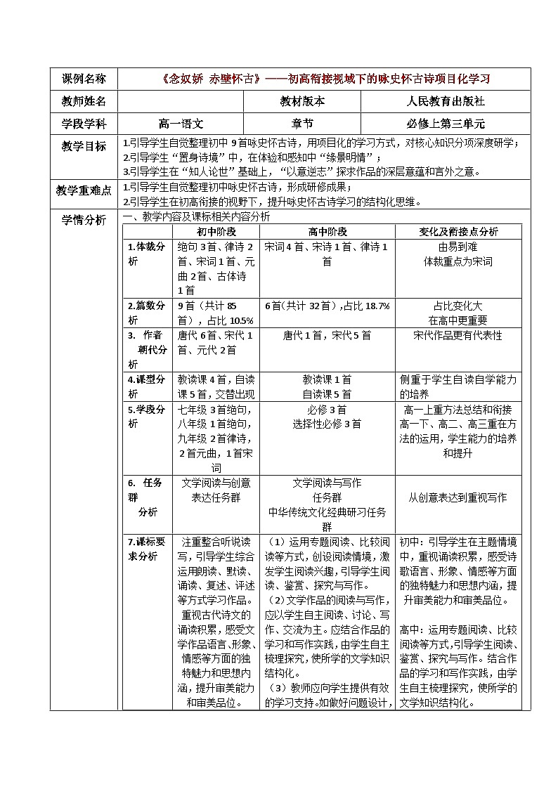 高中语文人教统编版必修上册《念奴娇 赤壁怀古》——咏史怀古诗项目化学习 教案第1页