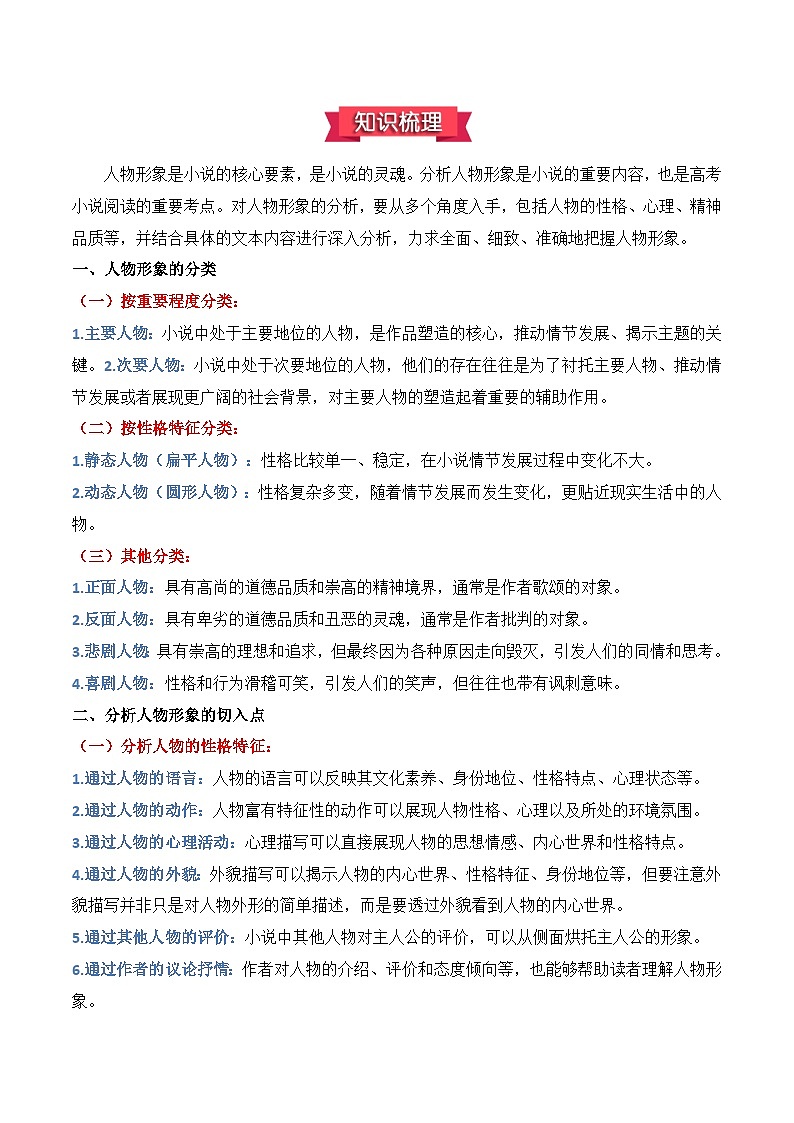 小说文本：02.人物形象特点概括分析 思维导图 知识梳理 阅读训练-2025年高考语文文学类文本阅读核心考点提分精练（原卷版）第2页