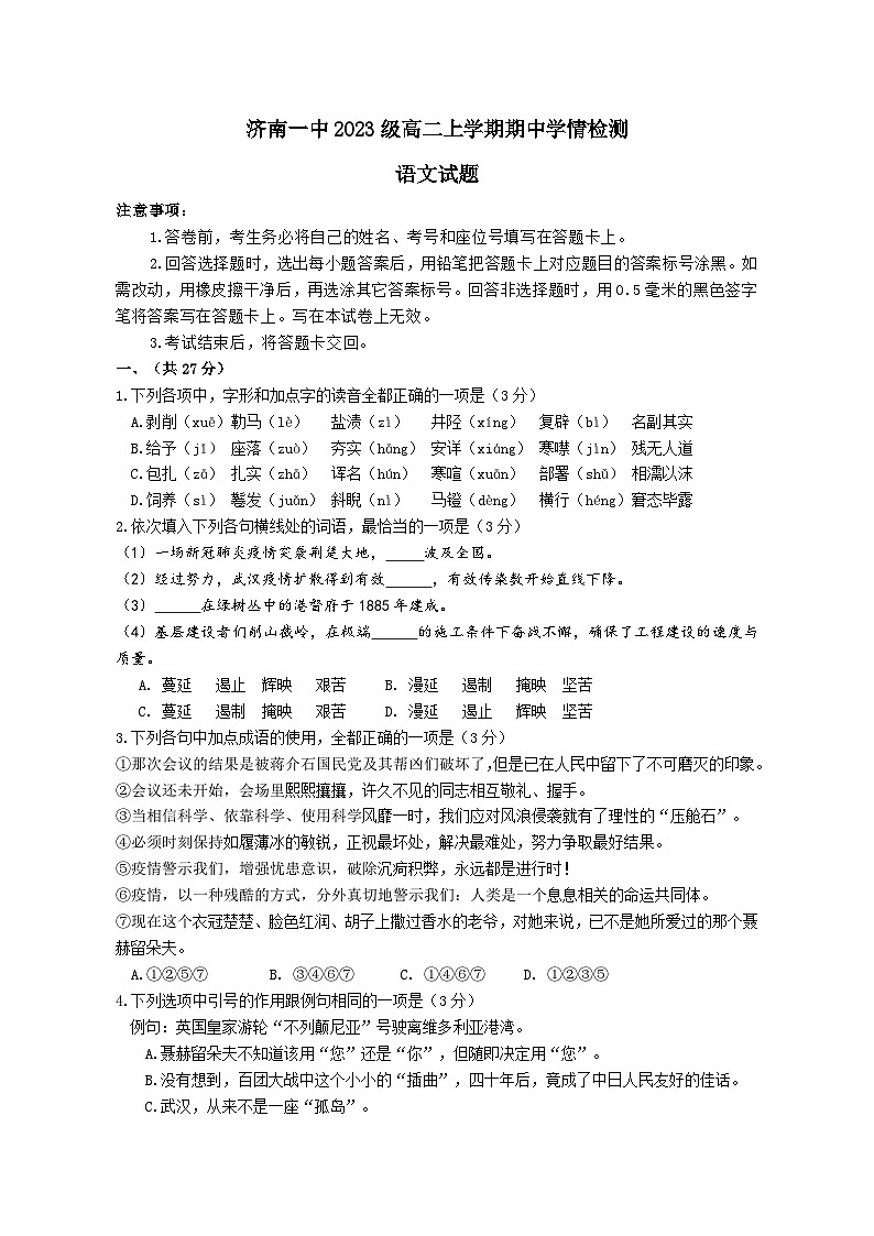山东省济南市第一中学2024-2025学年高二上学期期中考试语文试题01
