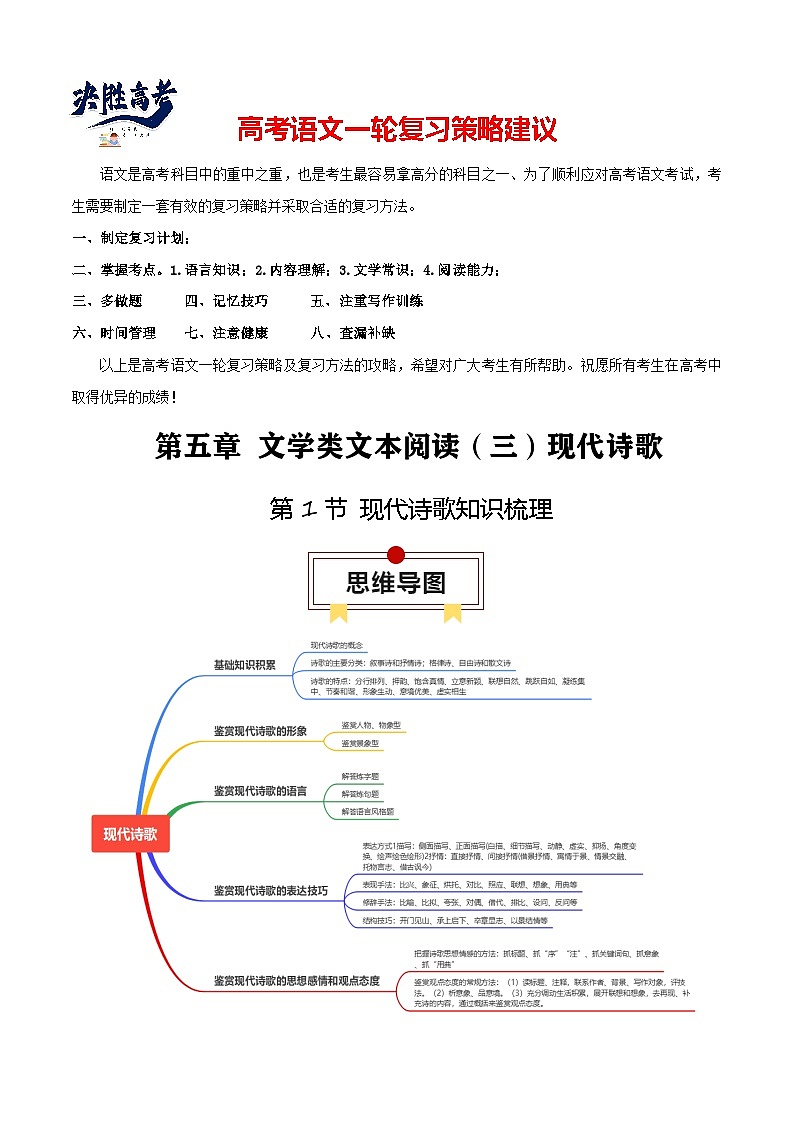 第1节 现代诗歌知识梳理-【口袋书】2024年高考语文一轮复习知识清单（全国通用）（解析版）第1页