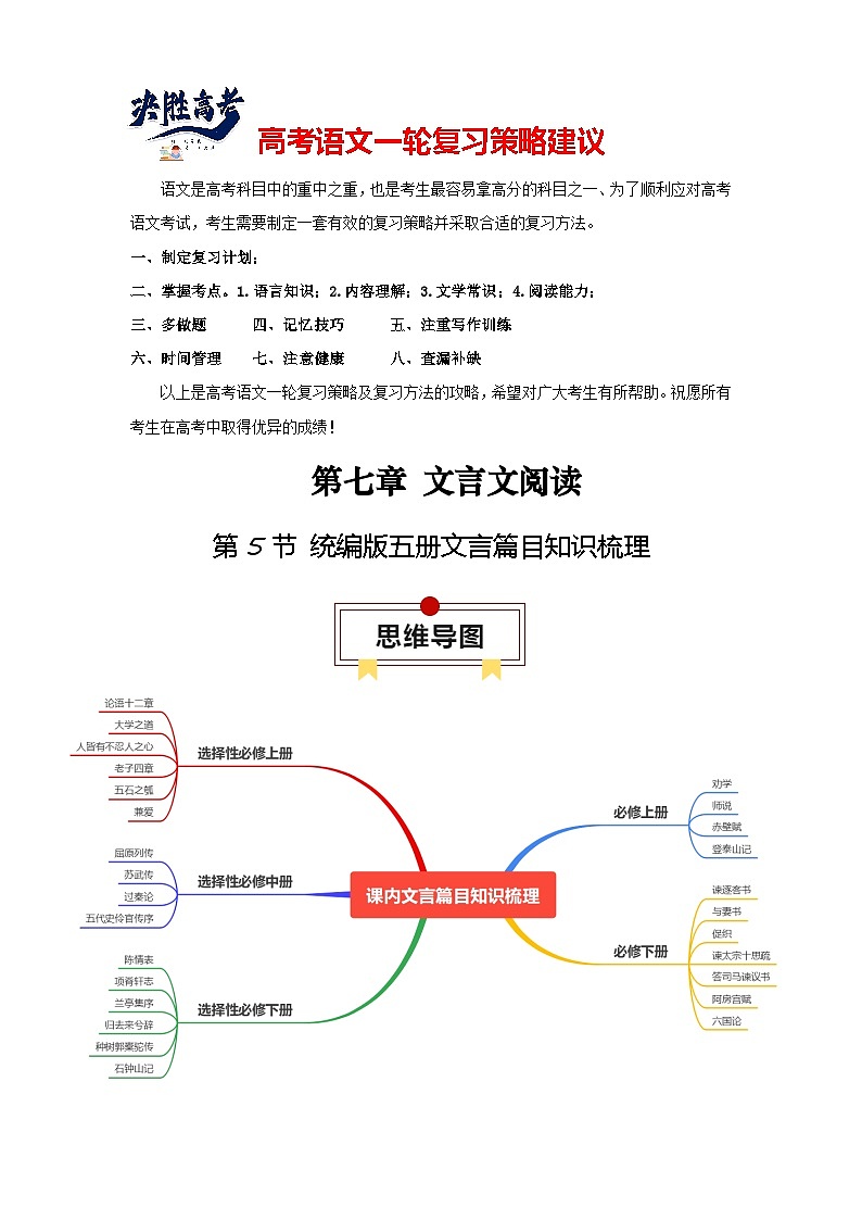 第5节 统编版五册文言篇目知识梳理-【口袋书】2024年高考语文一轮复习知识清单（全国通用）（解析版）第1页