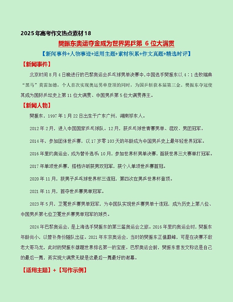 热点素材18：樊振东奥运夺金成为世界男乒第6位大满贯【新闻事件+人物事迹+适用主题+素材积累+作文真题】.1讲义（全国通用）第1页