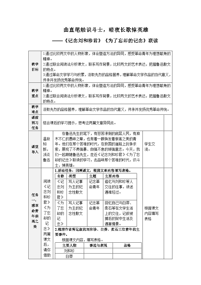 高中语文人教统编版选择性必修中册第二单元《记念刘和珍君》《为了忘却的记念》比较阅读 教案第1页
