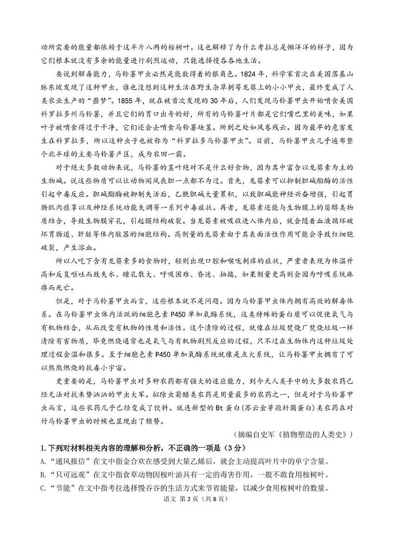 2025届广东省汕头市金山中学高三上学期11月期中考-语文试题+答案第2页