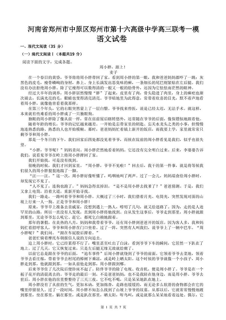 2025届河南省郑州市第十六高级中学等校高三联考一模语文试题第1页