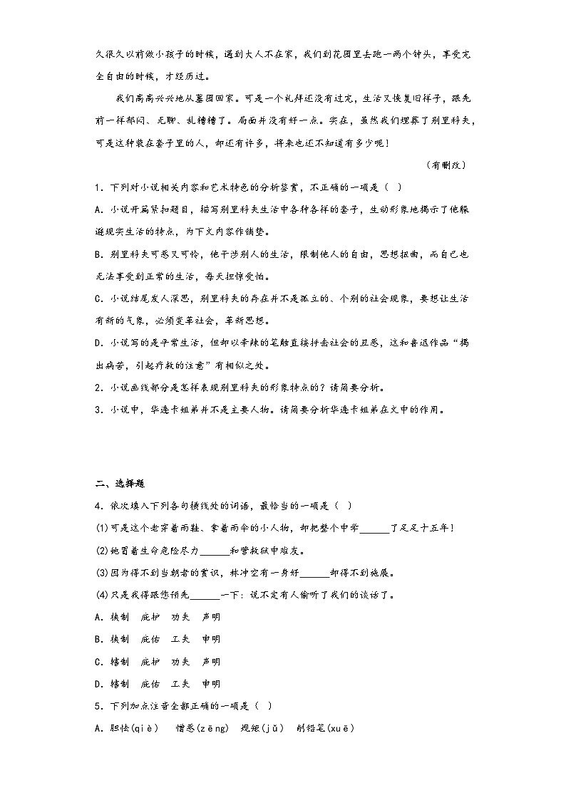 13.2《装在套子里的人》同步练习2022-2023学年统编版高中语文必修下册第3页