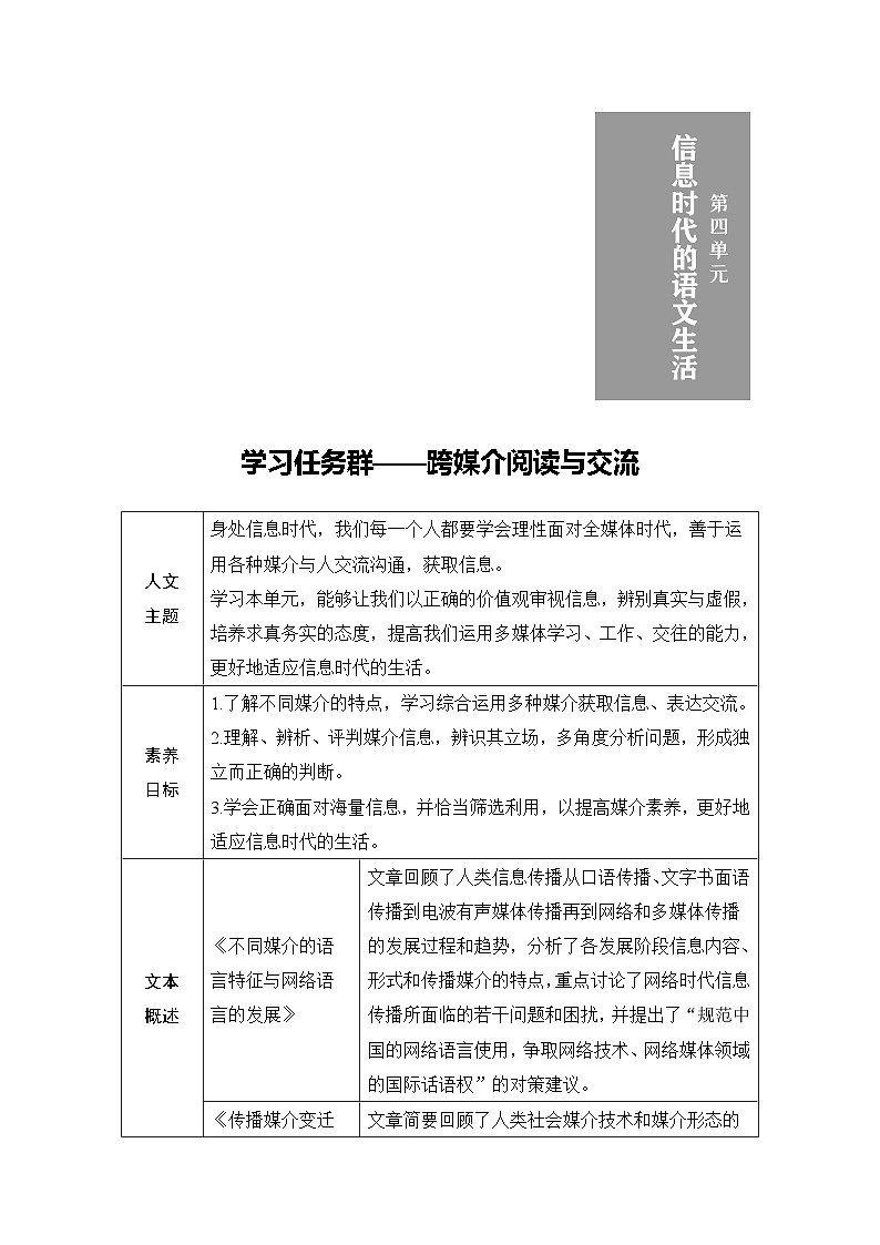 学案：部编版高中语文必修下（24-25版）第四单元　学习活动一　认识多媒介第1页