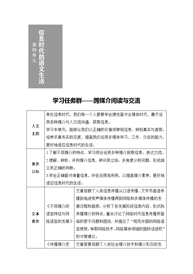 学案：部编版高中语文必修下（23-24版）第四单元　学习活动一　认识多媒体第1页