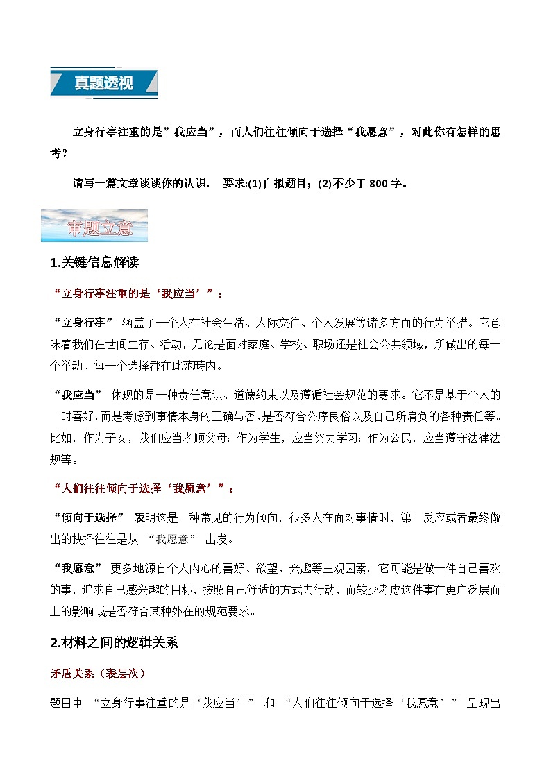 议论文15 真题（我应当与我愿意） 审题 范文 点评 素材-备战2025年高考语文写作第1页