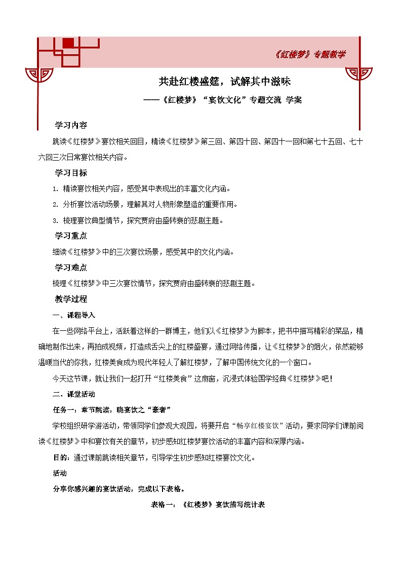 高中语文人教统编版必修下册《红楼梦》宴饮文化专题交流 学案第1页