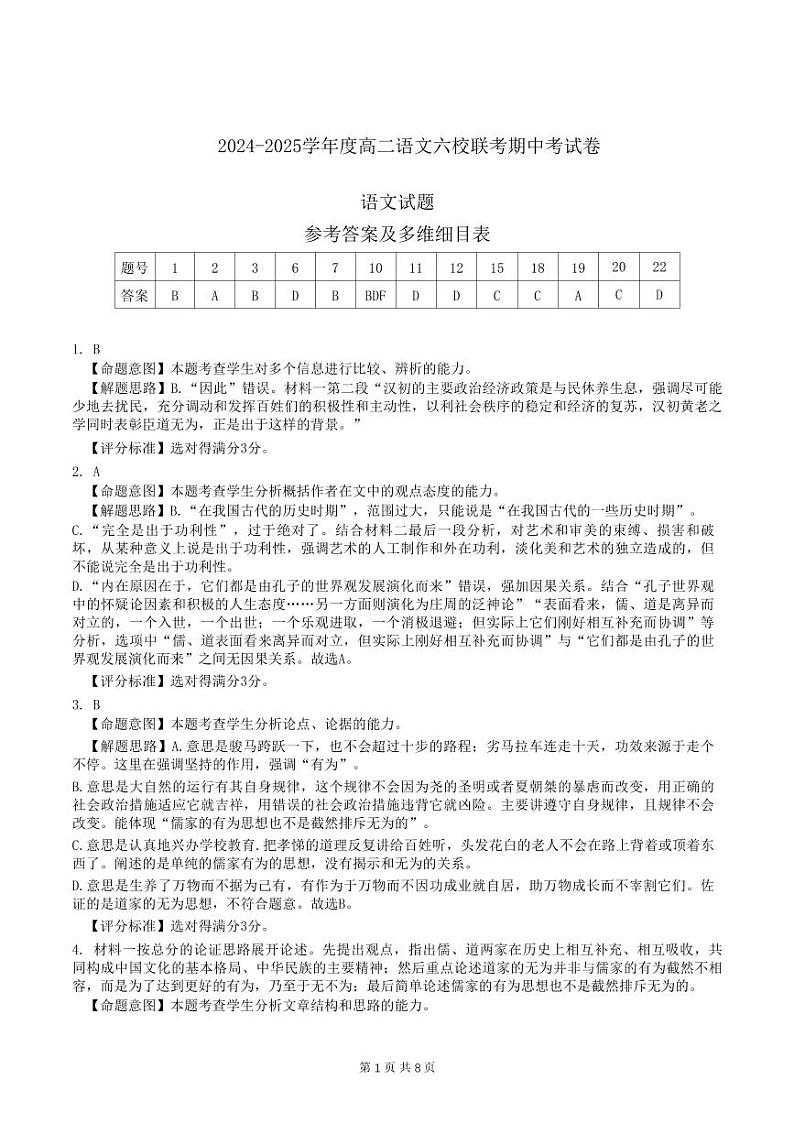 2024-2025学年度高二语文六校联考期中考试卷参考答案第1页