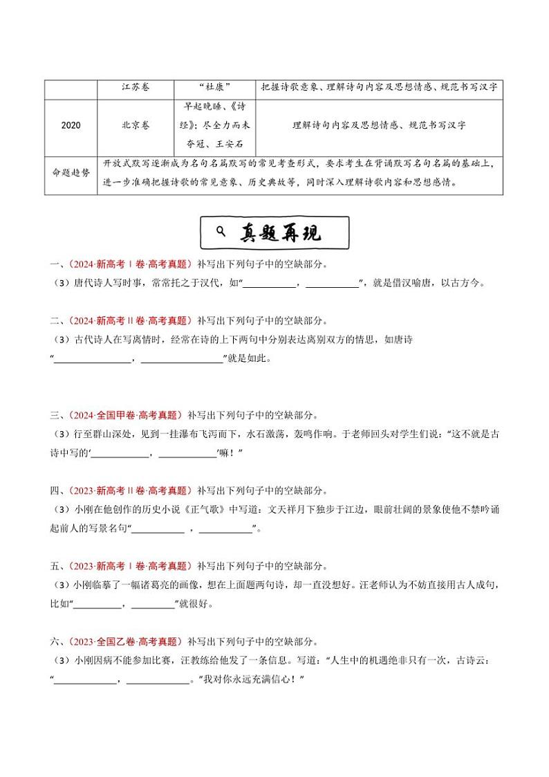 2020~2024年语文高考真题分类汇编 名句名篇默写(开放式默写)(含解析)第2页
