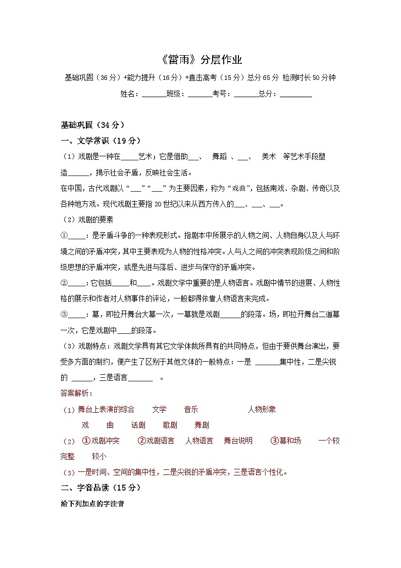 5《雷雨（节选）》（分层作业）（解析版）docx第1页