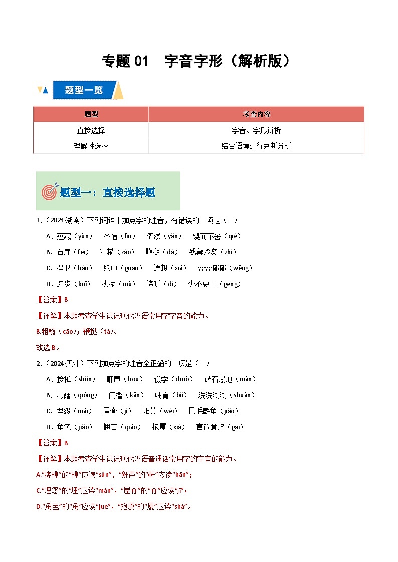 专题01 字音字形（解析版）第1页