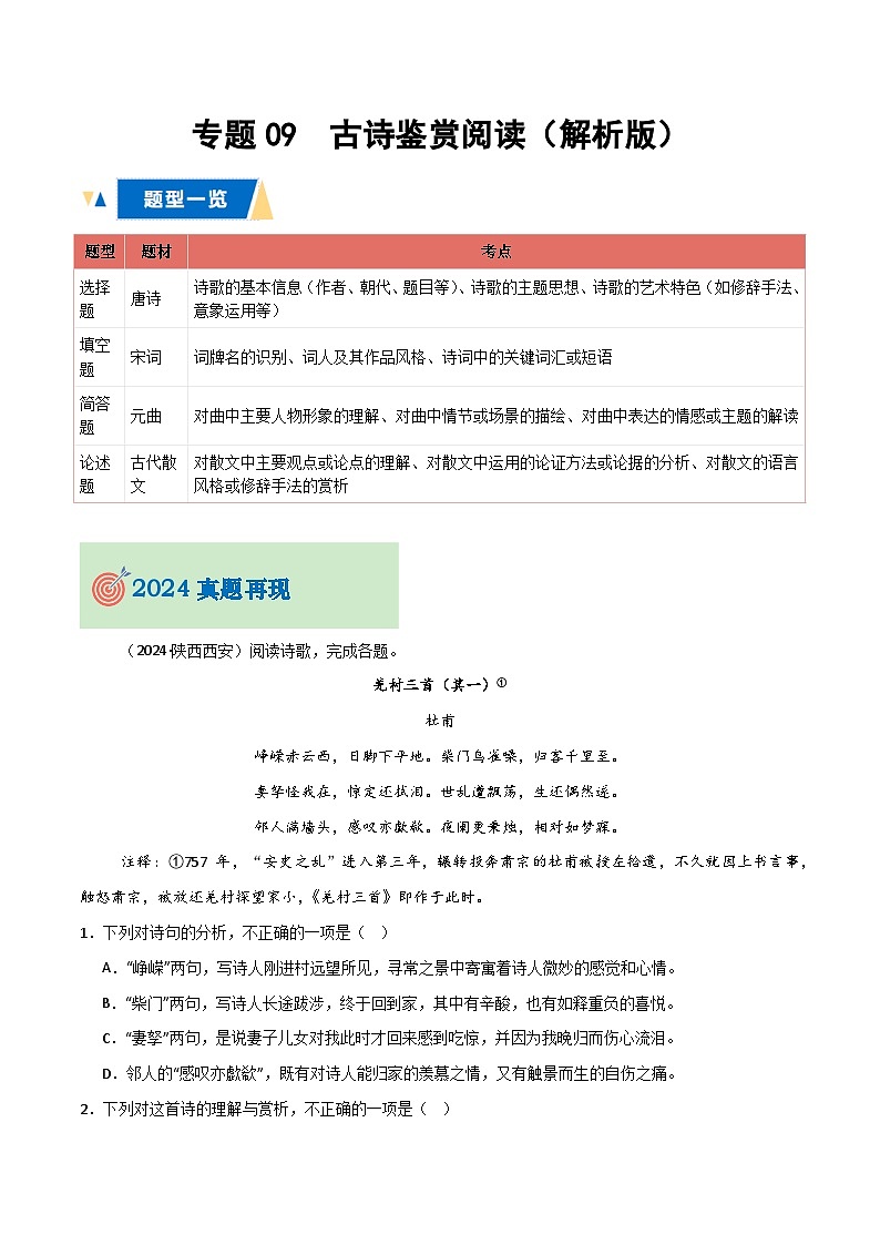 专题09 古诗鉴赏阅读（解析版）第1页