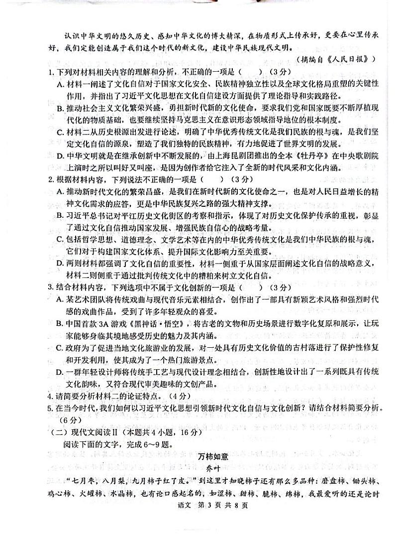 广西名校2025届高三上学期高考模拟考试-语文试卷+答案第3页