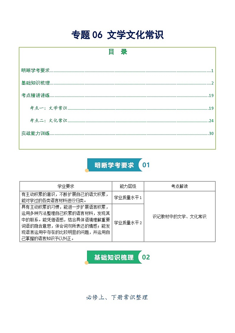 专题06 文学文化常识（知识梳理+考点精讲精练+实战训练）（解析版）第1页