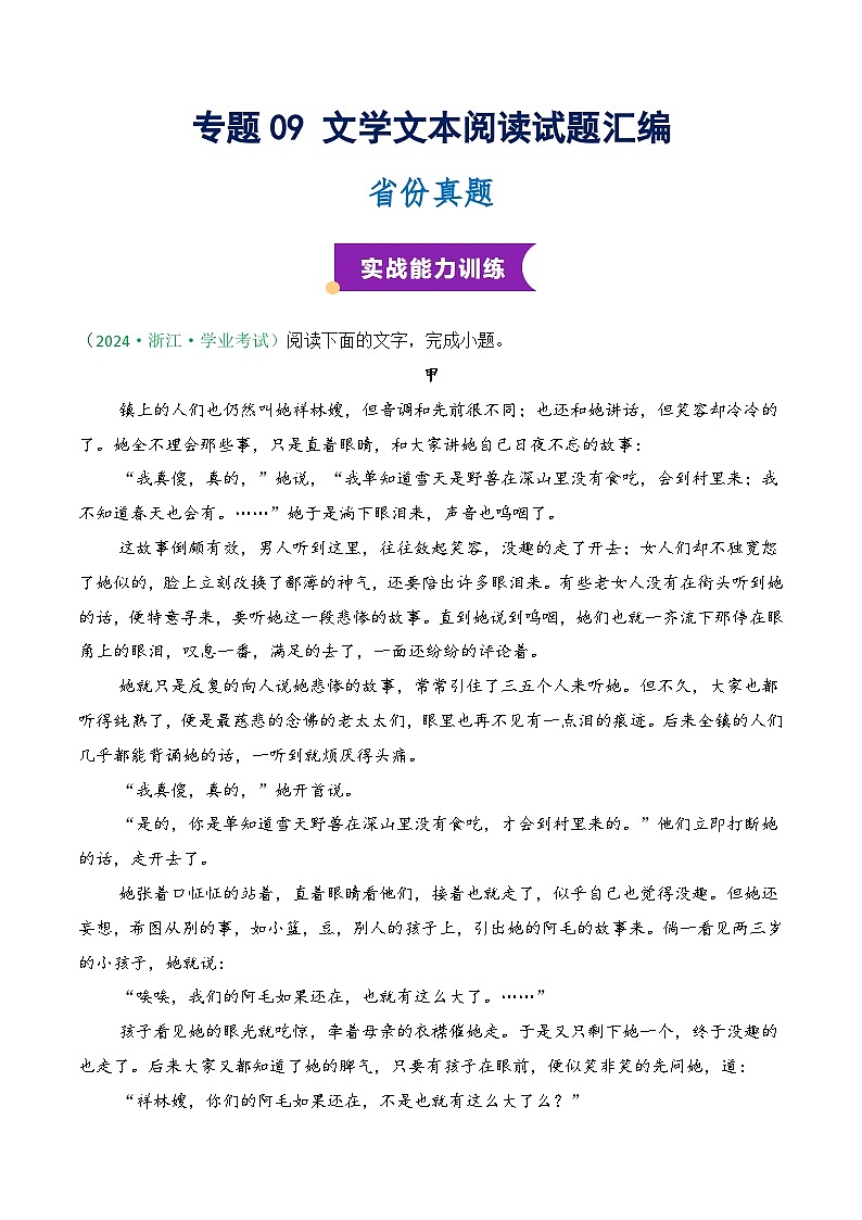 专题09 文学文本阅读试题汇编（知识梳理+考点精讲精练+实战训练）（解析版）第1页