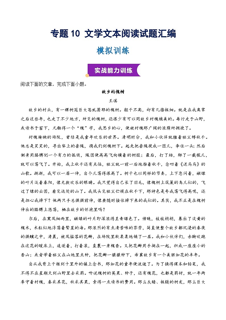 专题10 文学文本阅读模拟特训（知识梳理+考点精讲精练+实战训练）（原卷版）第1页