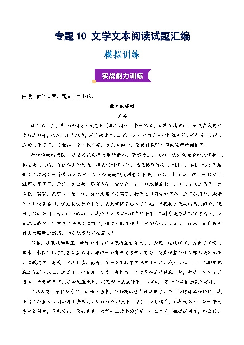 专题10 文学文本阅读模拟特训（知识梳理+考点精讲精练+实战训练）（解析版）第1页