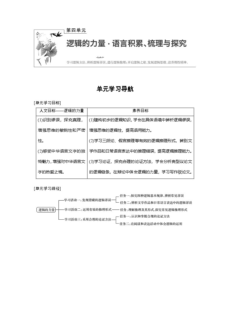 高中语文部编版选择性必修上册第四单元 单元学习导航 学案（word版含答案）第1页