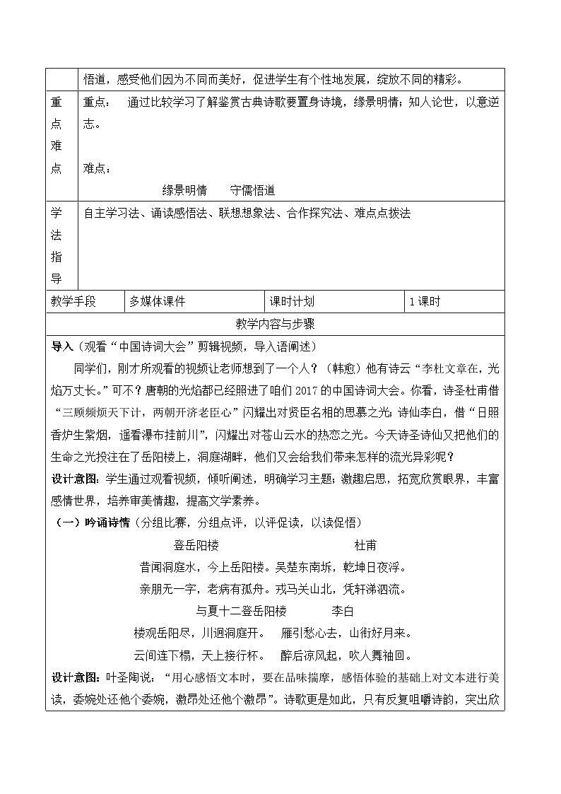 高中语文 人教版 (新课标) 选修《〈登岳阳楼〉〈与夏十二登岳阳楼〉比较鉴赏》名师教案第2页