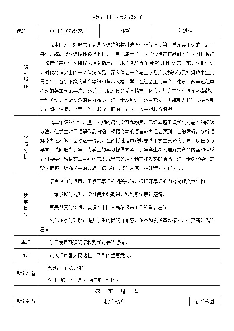 高中语文人教统编版选择性必修上册1.1《中国人民站起来了》精品教案第1页