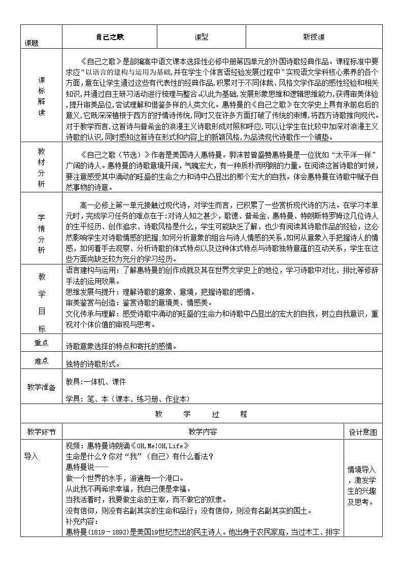 高中语文人教统编版选择性必修中册4.2.3《自己之歌（节选》精品教案第1页