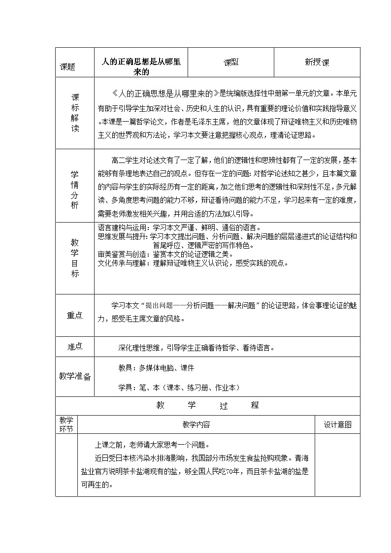 高中语文人教统编版选择性必修中册1.2.2《人的正确思想是从哪里来的？》精品教案第1页